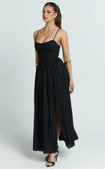 Morris Midi Dress - Linen Scoop Neck Gathered Dress in Black