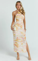 Nessa Midi Dress - Halterneck Ruched Fitted Shell Trim Fitted Mesh Print Dress in Ocean Foam Print