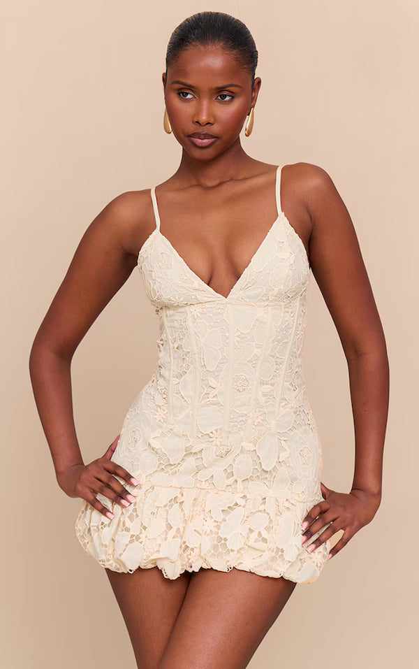 Butter Yellow Floral Cup Detail Extreme Puffball Hem Dress