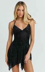 Joel Mini Dress - Jersey Halter Neck Asymmetric Hem Dress in Black