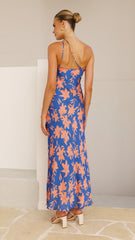 Verity One Shoulder Maxi Dress - Orange/Blue Floral