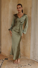 Ivy Long Sleeve Tie Front Maxi Dress - Olive