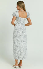 Leila Midi Dress - Puff Sleeve High Split Dress in White/Blue