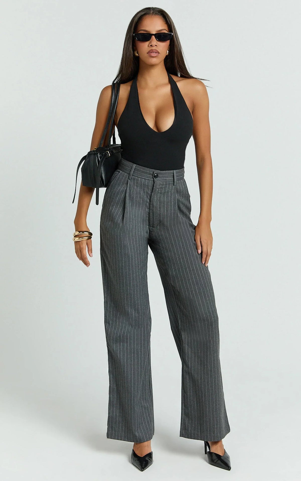 Nora Pants - Pinstripe Tailored Relaxed Pants in Grey Pinstripe