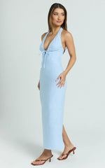 Lyla Midi Dress - Tie Front Plunge Halter Linen Blend Dress in Blue