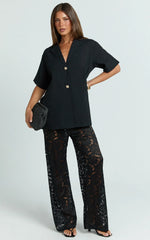 Jemma Two Piece Set - Relaxed Shirt and Lace Pants Set in Black