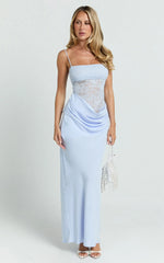 Rania Maxi Dress - Contrast Lace Bodice Bias Cowl Drop Waist Dress in Soft Blue
