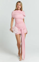Nicolette Mini Dress - Ruched Short Sleeve Bodycon Dress in Blush