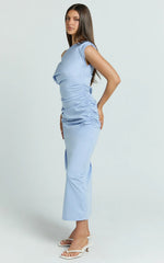 Kane Midi Dress - Tipped Shoulder Cotton Draped Dress in Cornflower Blue