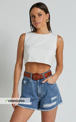 Mindae Shorts - Recycled Cotton Ripped Denim Shorts in Blue