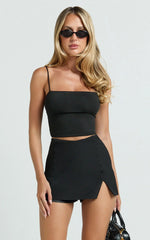 Larah Mini Skort - Mid Rise Leg Split Fitted Skort in Black