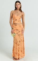 Rowena Maxi Skirt - Low Waisted Beaded Sequin Skirt in Orange