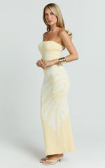 Rema Maxi Dress - Intarsia Floral Strapless Knitted Dress in Lemon