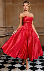 Helaina Midi Dress - Line Satin Dress in Red