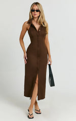 Lillibelle Midi Dress - Collared Button Down Bodycon Dress in Chocolate