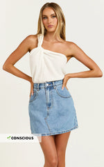 Jaden Mini Skirt - High Waisted Recycled Denim Mini Skirt in Mid Blue Wash