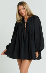 Suzette Mini Dress - High Neck Tie Front Long Sleeve Pleat Front Babydoll Dress in Black