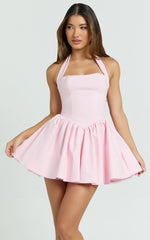 Helda Mini Dress - Halter Tie Neck Corset Panel Dress in Pink