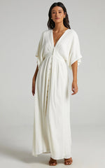 Sitting Pretty Maxi Dress - Short Sleeve Button Down Dress in Natural