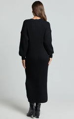 Kartia Midi Dress - V Neck Knit Dress in Black