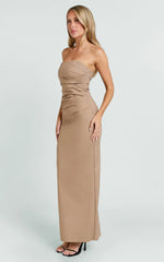 Jamie Midi Dress - Strapless Ruched Fitted Column Dress in Mocha