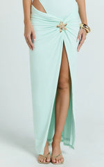 Nerissa Midi Skirt - Jewelled Trim Twist Leg Split Skirt in Mint