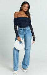 Jaythen Bodysuit - Long Sleeve Off Shoulder Ruched Mesh Bodysuit in Navy