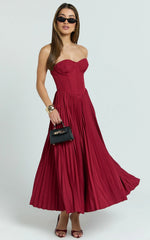 Loretta Midi Dress - Lace Up Back Bustier Pleated Dress in Wine