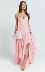 Maeve Maxi Dress - V Neck Ruffle Tier Slip Dress in Pink