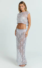 Gemmalyn Two Piece Top and Skirt Set - Sequin Lace Top And A Line Skirt in Pink