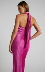Marlette Midi Dress - Pleated Open Back Halter Dress in Grape