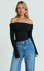 Jolie Top - Off Shoulder Long Sleeve Gathered Top in Black