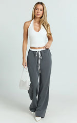Maliha Pants - Mid Rise Contrast Elasticated Drawstring Wide Leg Tailored Pants in Charcoal