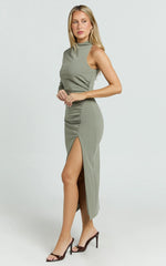 Olsen Midi Dress - Asymmetric One Sleeve Draped Leg Split Dress in Khaki