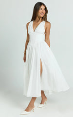 Lainey Midi Dress - Embroidered V Neck Corset Drop Waist Fit And Flare Dress in White