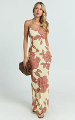 Krishna Maxi Dress - Strappy Scoop Neck Floral Placement Print Georgette Dress in Lemon Bouquet Di Fiori Print