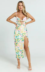 Janice Midi Dress - Knot Detail Front Split Dress in Le Citron
