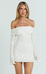 Raymond Mini Dress - Off Shoulder Long Sleeve Fitted Dress in Ivory