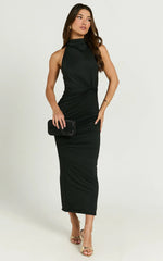 Olenna Midi Dress - Halter Neck Twist Detail Tie Back Dress in Black