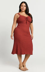 Olsen Midi Dress - Textured Wide Strap Tie Front Dress in Burnt Rust
