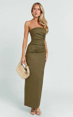 Jamie Midi Dress - Strapless Ruched Fitted Column Dress in Olive