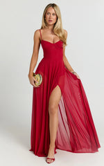Kreanna Maxi Dress - Adjustable Strap Ruched Bodice Fit And Flare Dress in Red