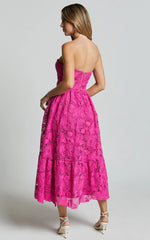 Gabriela Midi Dress - Strapless Lace Dress in Magenta