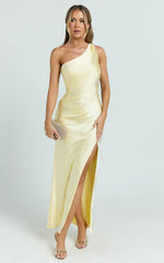 Isla Maxi Dress - Satin One Shoulder Side Split Dress in Lemon