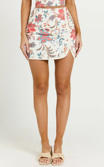 Kelsie Mini Skirt - Linen Mid Waist Side Split Skirt in Summer Chintz