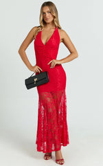 Hance Midi Dress - neck Lace Open Back Dress in Red