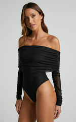 Jaythen Bodysuit - Long Sleeve Off Shoulder Ruched Mesh Bodysuit in Black