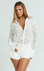 Regina Top - Textured Lace Button Down Shirt in White
