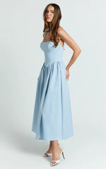 Helda Midi Dress - Halter Tie Neck Corset Panel Dress in Soft Blue