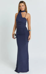 Larson Maxi Dress - Asymmetric Tie Neck Column Dress in Ink